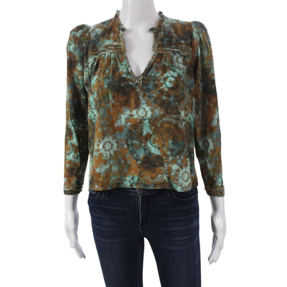 The Westside Womens Floral V-Neck Cotton Long Sleeve Blouse Multicolor Size M
